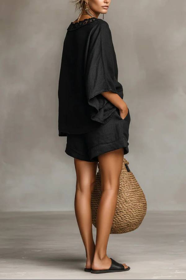 Minimalist Lace Boat Neck Blouse And Shorts Set