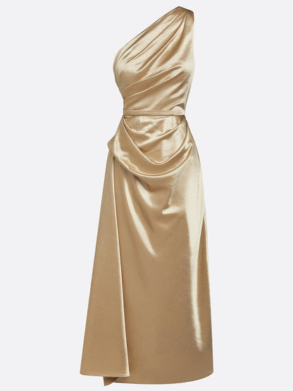 Champagne Ruched Satin One Shoulder Sleeveless Sheath Midi Dress