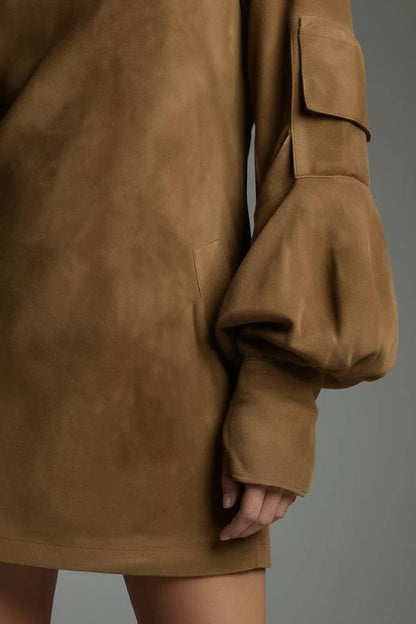 Vintage Loose Suede Turtleneck Mini Dress
