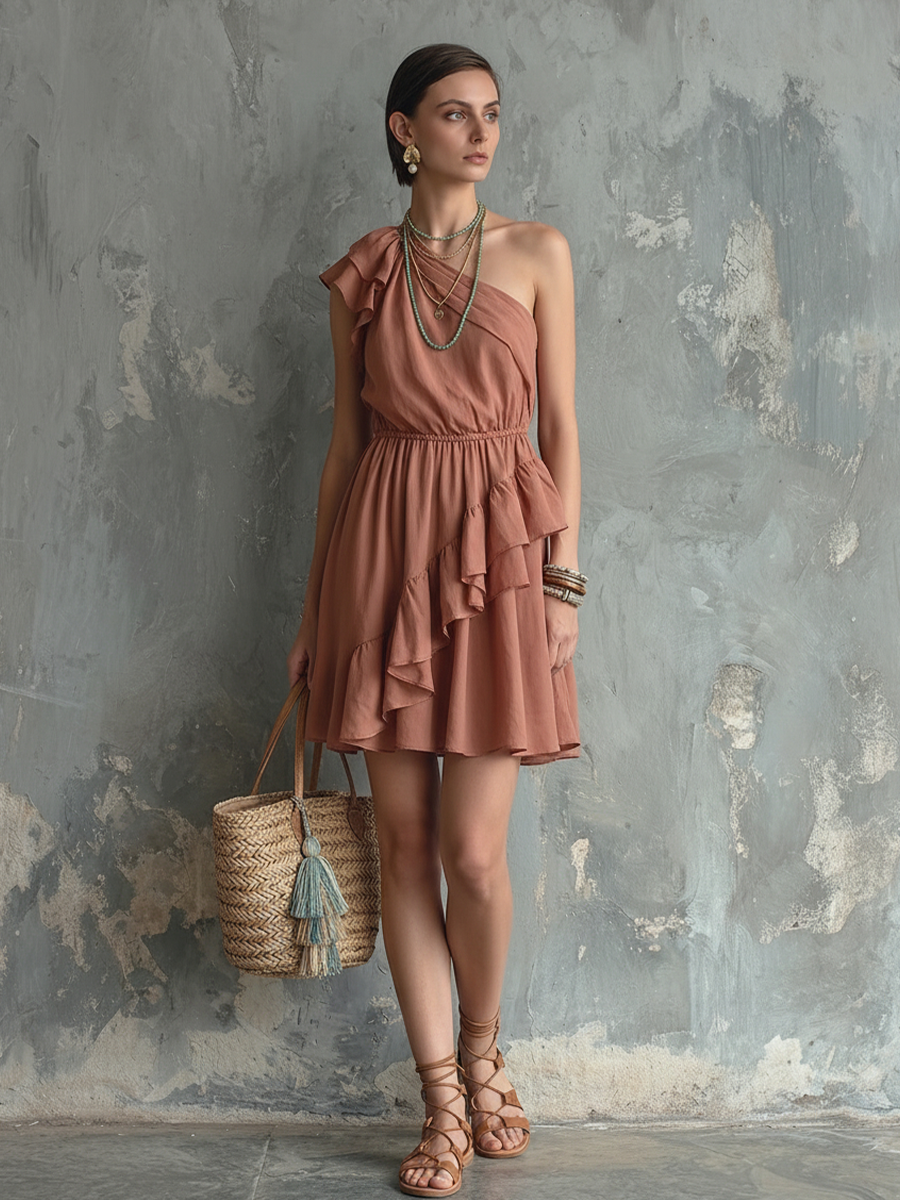 Women's Romantic Pink Cotton Blend One-Shoulder Ruffled Waist-Cinching Short Dress MDZ2272D5GMJ