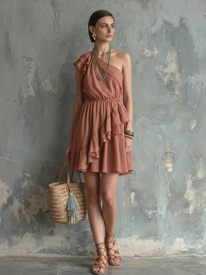 Women's Romantic Pink Cotton Blend One-Shoulder Ruffled Waist-Cinching Short Dress MDZ2272D5GMJ