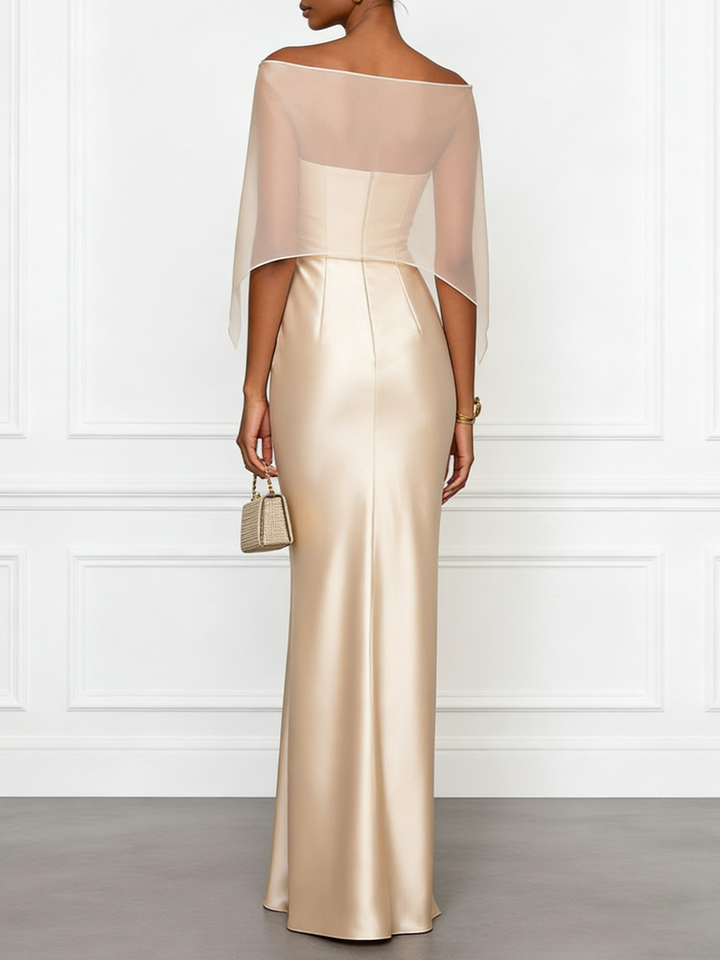 Champagne 3D Floral Satin Boat Neck Short Sleeve Sheath Gown Dress with Capelet