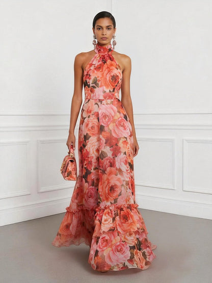 Orange Red Floral Bow Chiffon Halter Sleeveless A-Line Maxi Dress