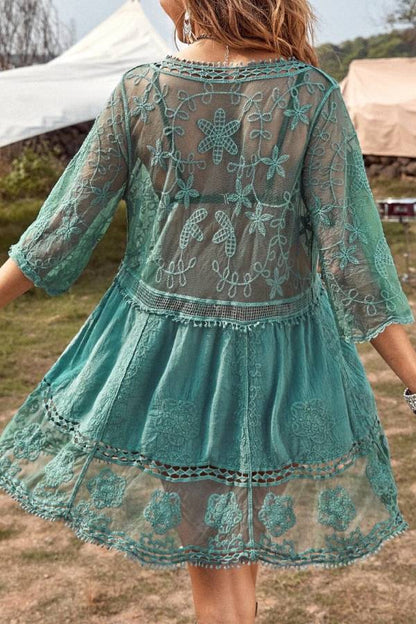 Multi-Color Bohemian Crochet Lace Embroidered V-Neck 3/4 Sleeve Loose Beach Cover Up Mini Dress