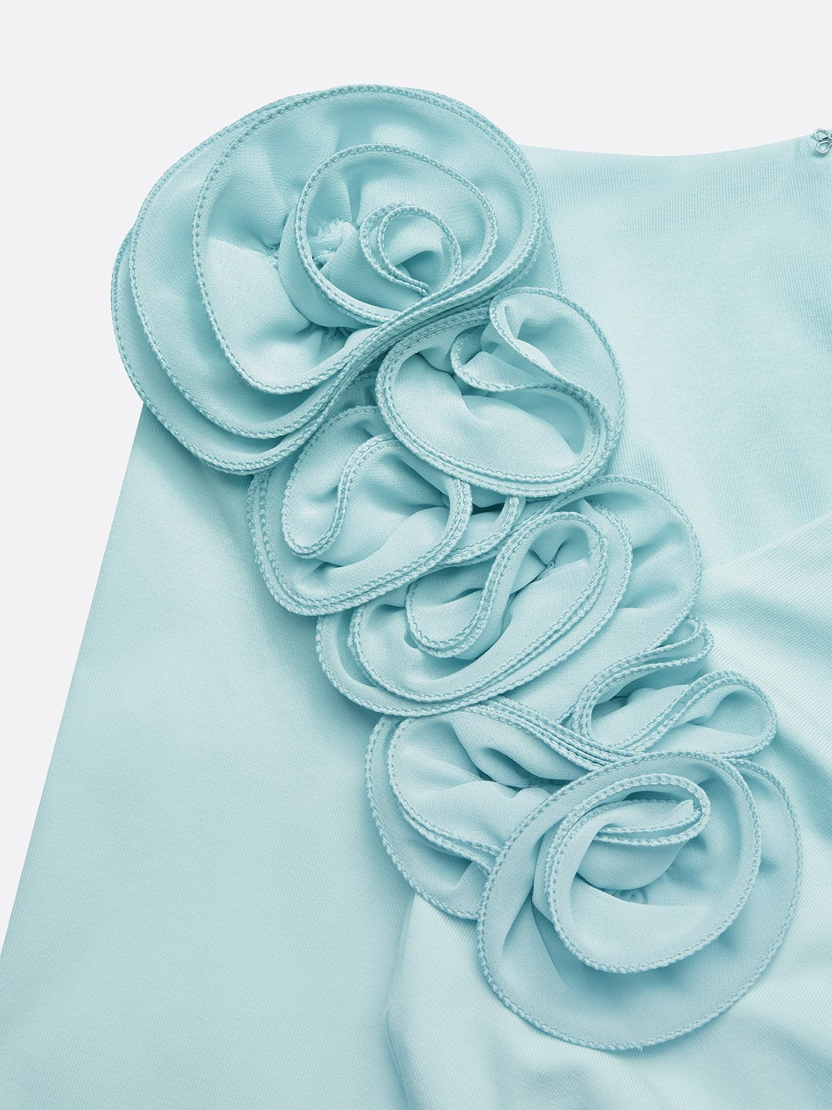 Light Blue 3D Floral Ruched Knit Asymmetrical Long Sleeve Sheath Midi Dress