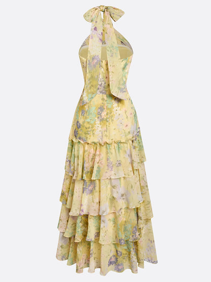 Yellow Ruffled Floral Chiffon Halter Sleeveless A-Line Maxi Dress