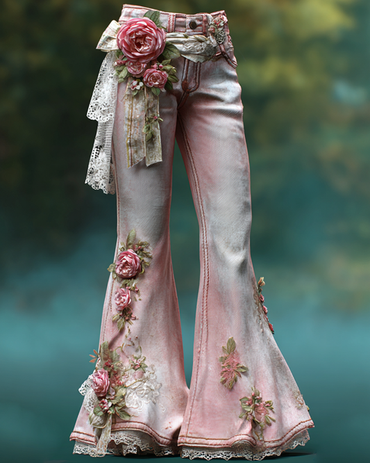 Women's Spring Pink Rose Embroidered Lace Patchwork Denim Flare Pants 9722