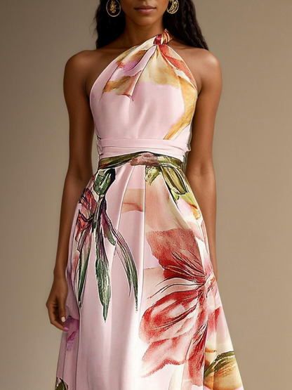 Lavender Purple Floral Satin One Shoulder Sleeveless A-Line Floor-length Gown With Pockets