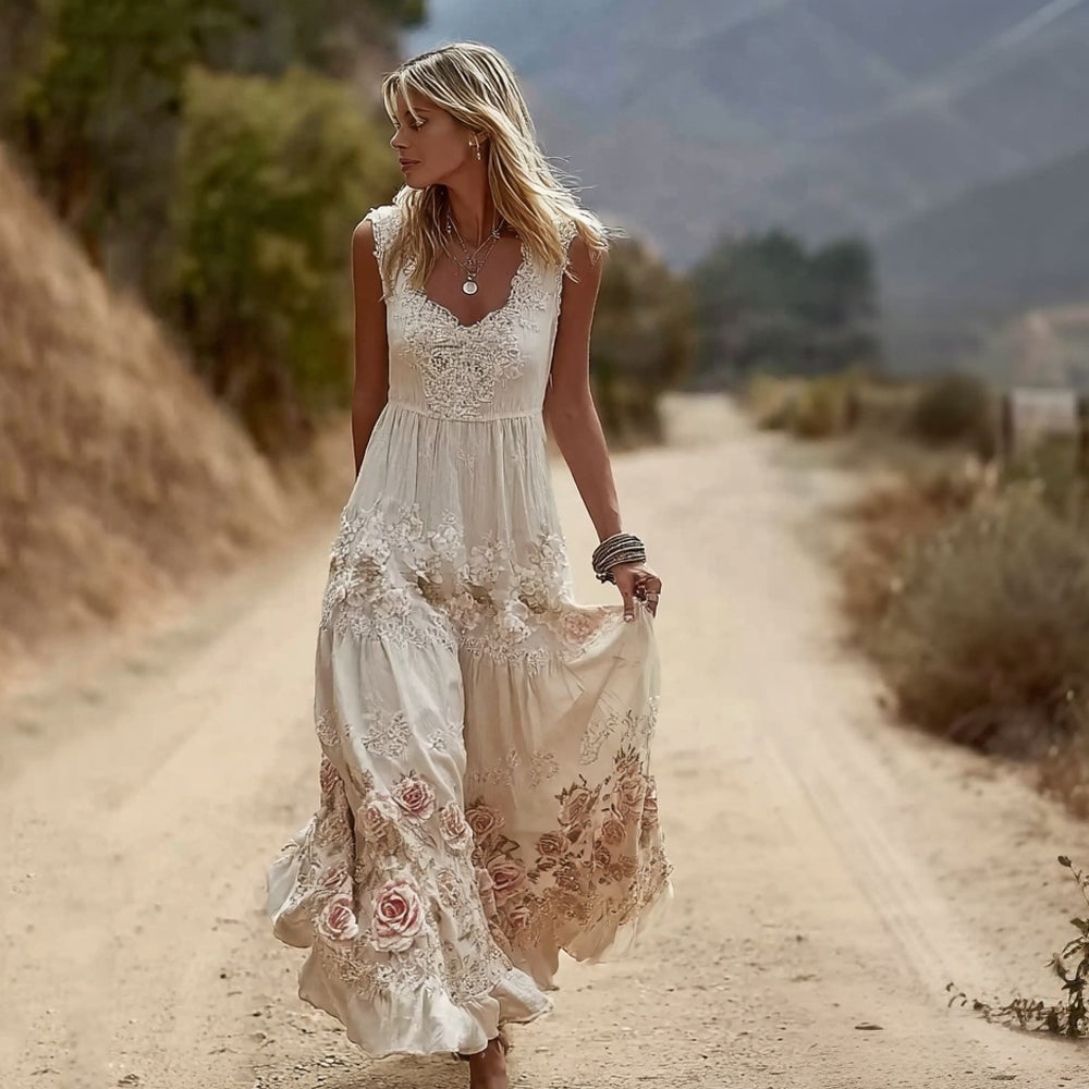 Vintage Boho Pink Roses Embroidered Flowy Lace Linen Maxi Dress