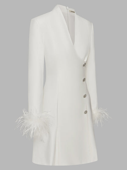 White Feather-trimmed Buckle Classic V Neck Stand Collar Long Sleeve A-Line Mini Dress