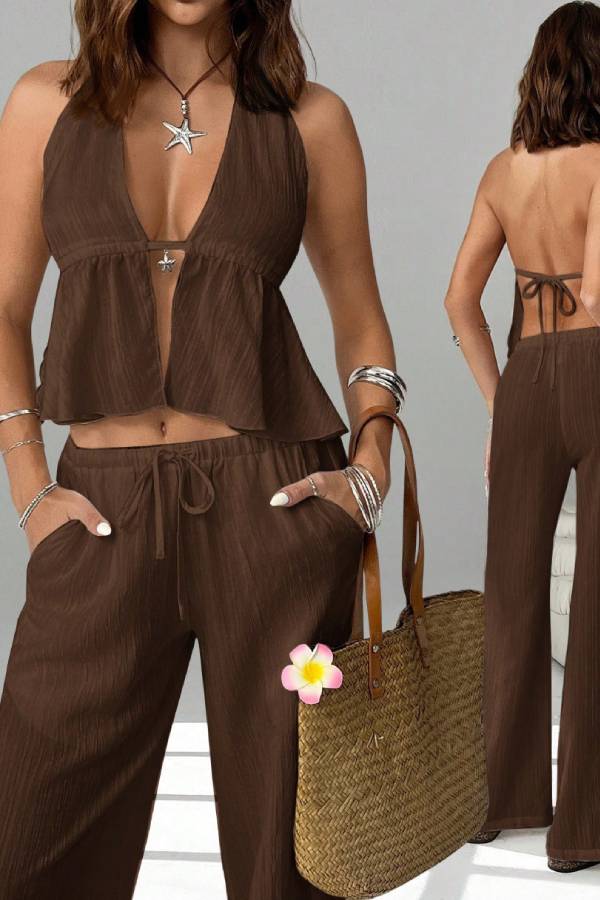 Multi-Color Halter Deep V Backless Tie Pleated Top & Wide Leg Pants Set