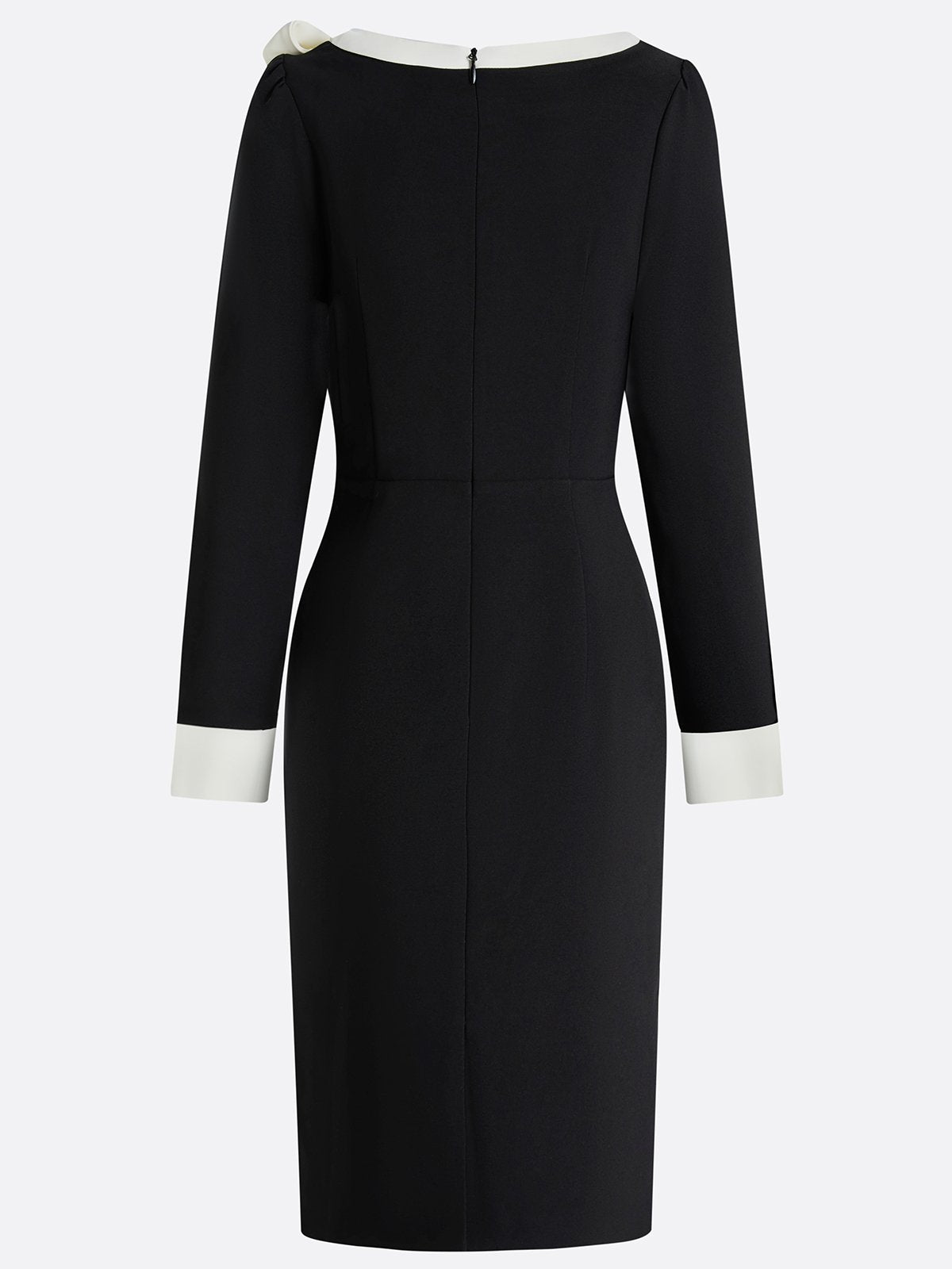 Black Bow Color Block Long Sleeve Sheath Midi Dress