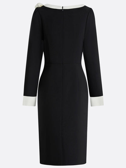 Black Bow Color Block Long Sleeve Sheath Midi Dress