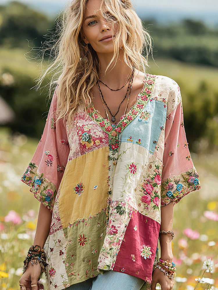 Women's Vintage Floral Print V-neck T-shirt d33c