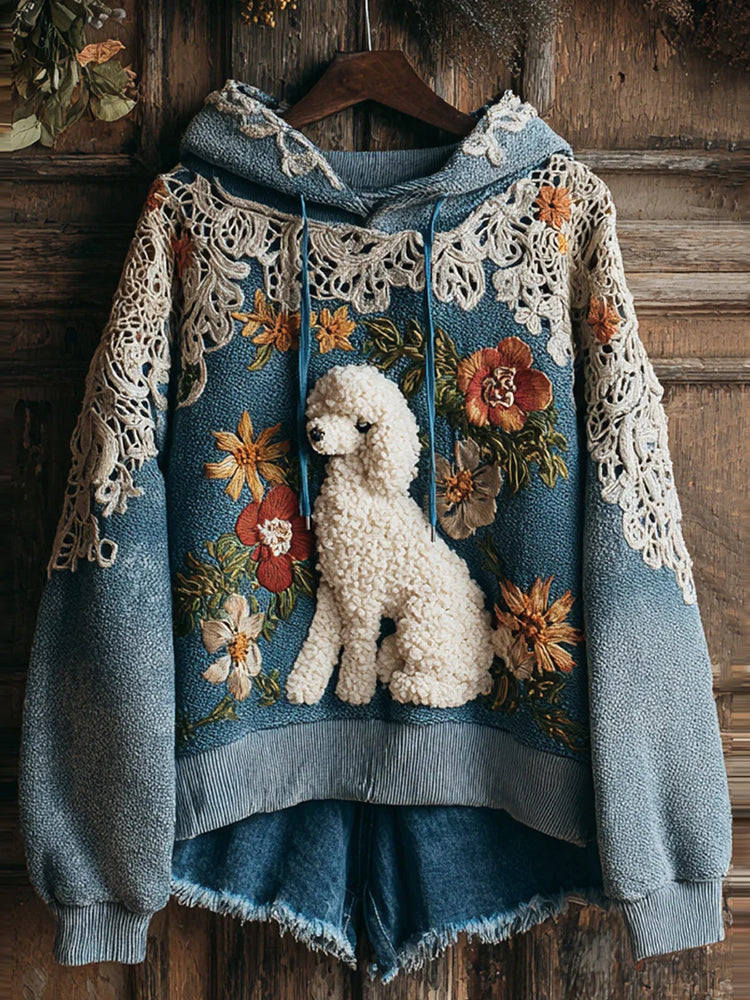 Lace Floral Art Dog Print Casual Hoodie