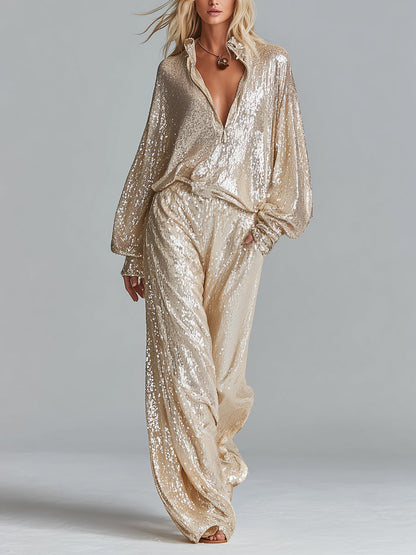 Women's Champagne Sequin Wide-Leg Pants With Elastic Waist & Side Pockets, Timeless Party-Glam Style Pants MDZ1641D4LYL