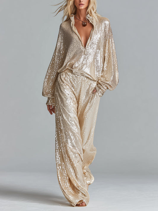 Women's Champagne Sequin Blouse With Oversized Balloon Sleeves & Half-Button Placket, Timeless Party-Glam Style Top MDZ1606D1LYL