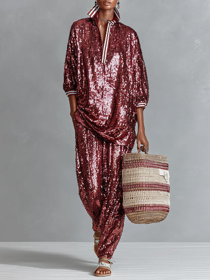 Women's Burgundy Sequin Harem Pants With Elastic Waist & Tapered Ankle, Timeless Party-Glam Style Pants MDZ1663D2LYL