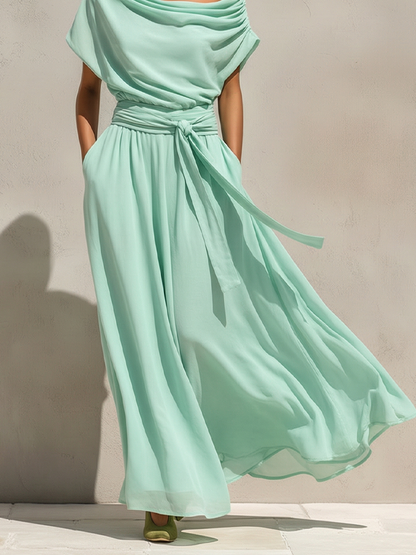 Women's Mint Green Chiffon Maxi Dress With Off-the-Shoulder Draped Neck & Belted Waist, Timeless Romantic-Resort Style Dress MDZ0231D1I