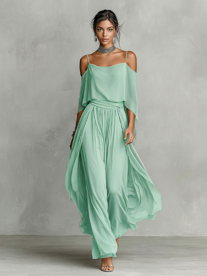 Women's Grey Breathable Chiffon Set With Cold-Shoulder Detail & Flared Silhouette, Contemporary Luxury-Feminine Style Set MDZ2651B6I