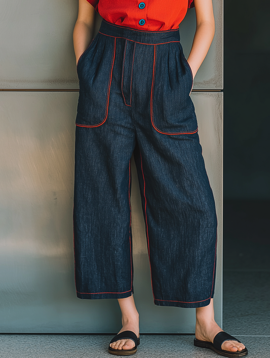 Women's Minimalist Cropped Jeans With Red Trim MDZ0822D4Y