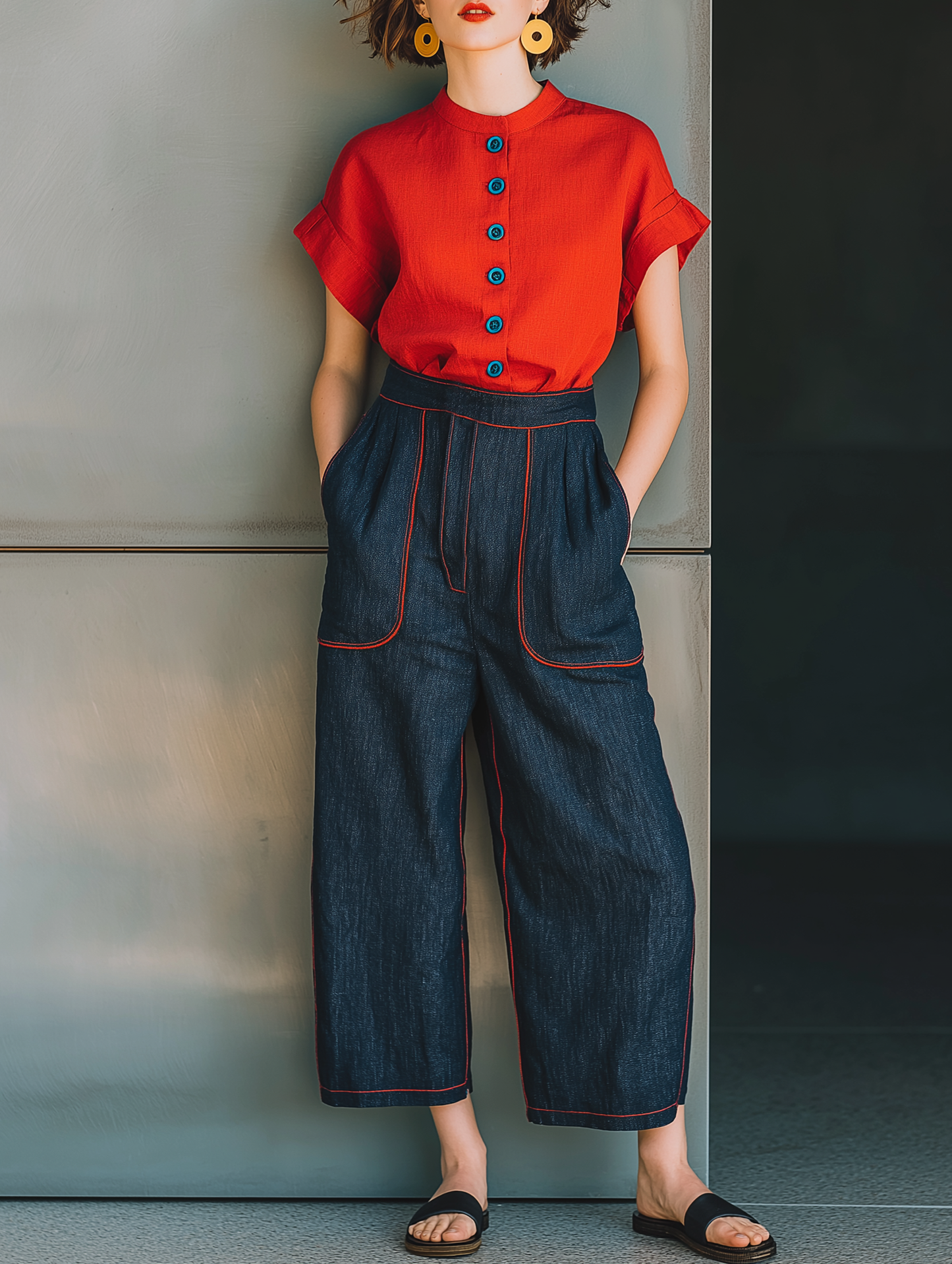 Women's Minimalist Cropped Jeans With Red Trim MDZ0822D4Y