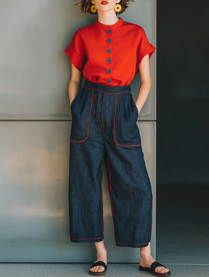 Women's Minimalist Cropped Jeans With Red Trim MDZ0822D4Y
