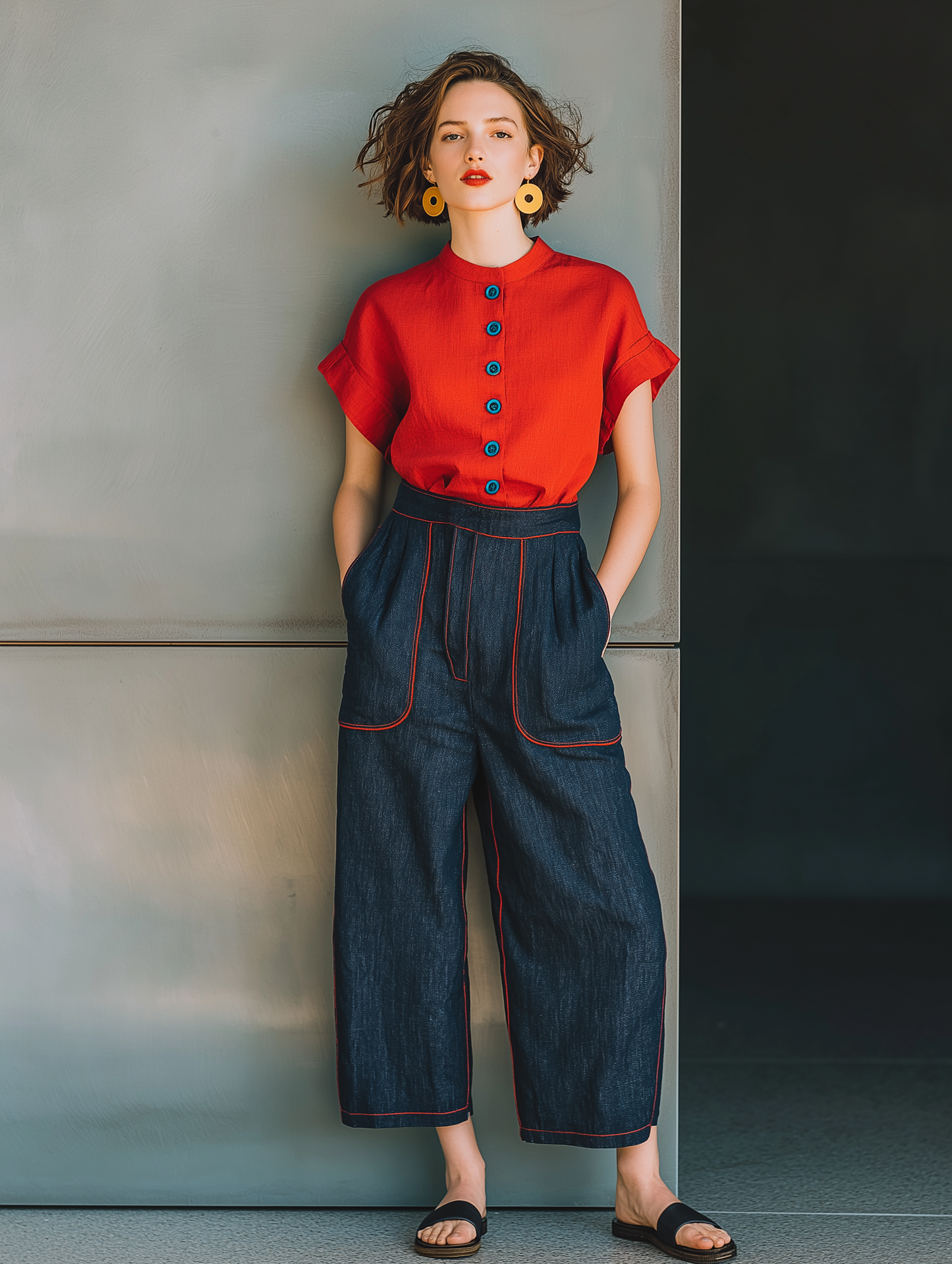 Women's Minimalist Cropped Jeans With Red Trim MDZ0822D4Y