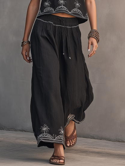 Women's Minimalist Linen-Blend Embroidered Tank Top & Wide-Leg Pants Set MDZ0878D0Y
