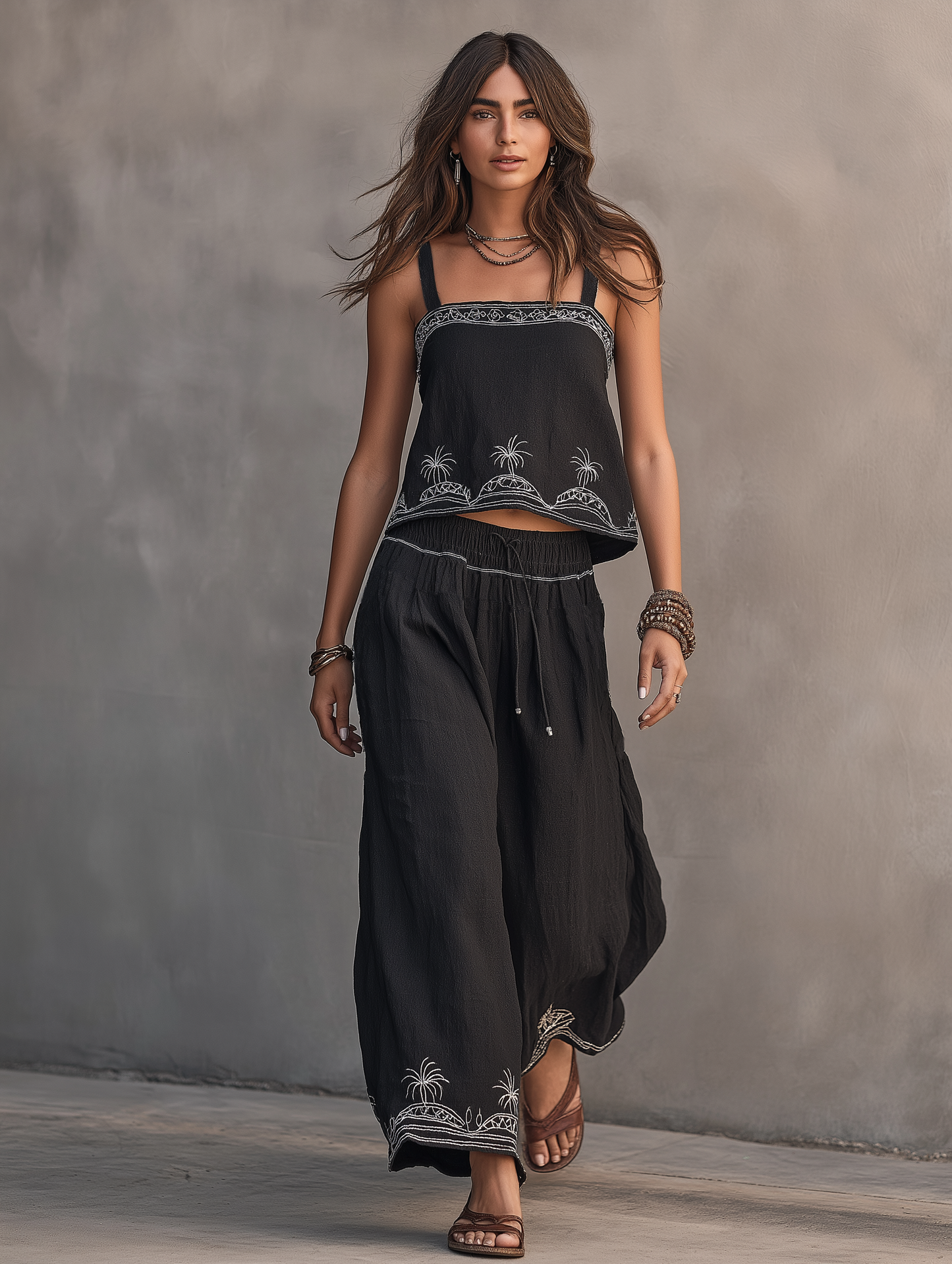 Women's Minimalist Linen-Blend Embroidered Tank Top & Wide-Leg Pants Set MDZ0878D0Y