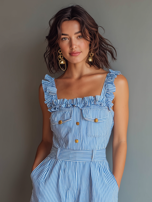 Women's Minimalist Striped Romper With Ruffled Square Neck And Straps MDZ1069D7Y