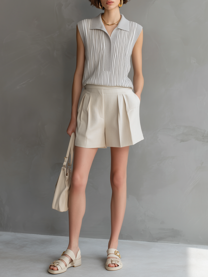 Women's Minimalist Sleeveless Striped Knit Top And Shorts Set MDZ1051D6Y