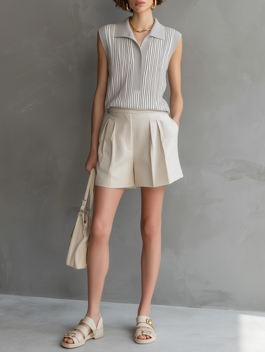 Women's Minimalist Sleeveless Striped Knit Top And Shorts Set MDZ1051D6Y