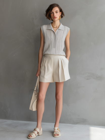 Women's Minimalist Sleeveless Striped Knit Top And Shorts Set MDZ1051D6Y