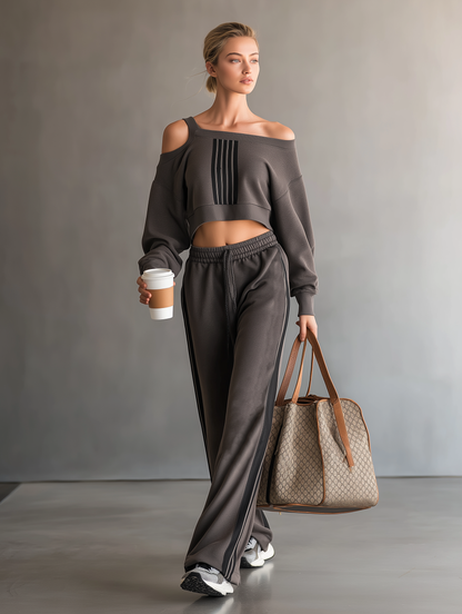 Women's Fashion Off-Shoulder Long-Sleeve Cropped Sweatshirt And Sweatpants Set MDZ1145D5Y