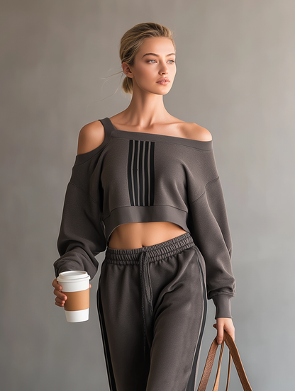 Women's Fashion Off-Shoulder Long-Sleeve Cropped Sweatshirt And Sweatpants Set MDZ1145D5Y
