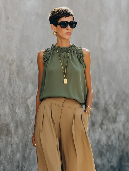 Women's Minimalist Solid-Color Sleeveless Ruffled Blouse MDZ1313D6Y