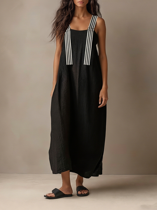 Women's Minimalist Striped Spaghetti Strap Loose Linen-Blend Maxi Dress MDZ1665D7Y