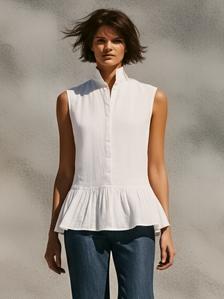 Women's Minimalist Stand-Collar Sleeveless Single-Breasted Shirt With Ruffled Hem MDZ1677D9Y