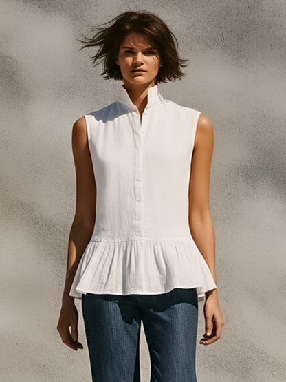 Women's Minimalist Stand-Collar Sleeveless Single-Breasted Shirt With Ruffled Hem MDZ1677D9Y