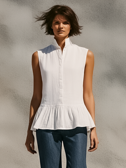 Women's Minimalist Stand-Collar Sleeveless Single-Breasted Shirt With Ruffled Hem MDZ1677D9Y