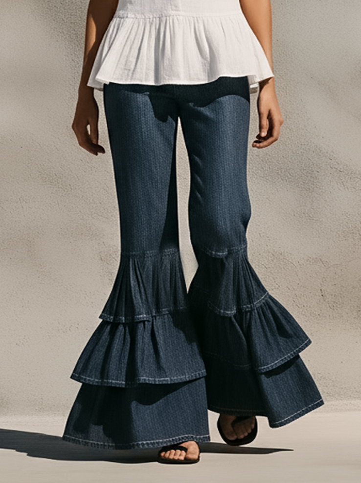 Women's Flared Jeans With Layered Ruffle Hem MDZ1667D4Y