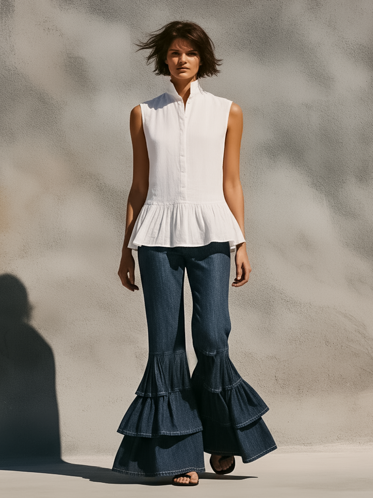 Women's Flared Jeans With Layered Ruffle Hem MDZ1667D4Y