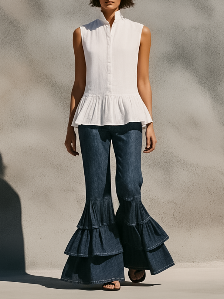 Women's Flared Jeans With Layered Ruffle Hem MDZ1667D4Y