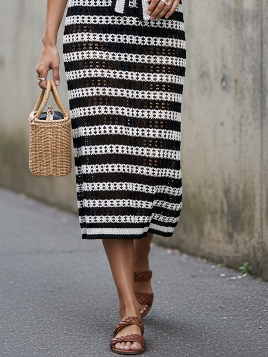 Women's Minimalist Tie-Strap V-Neck Sleeveless Striped Knit Midi Dress MDZ1611D1Y