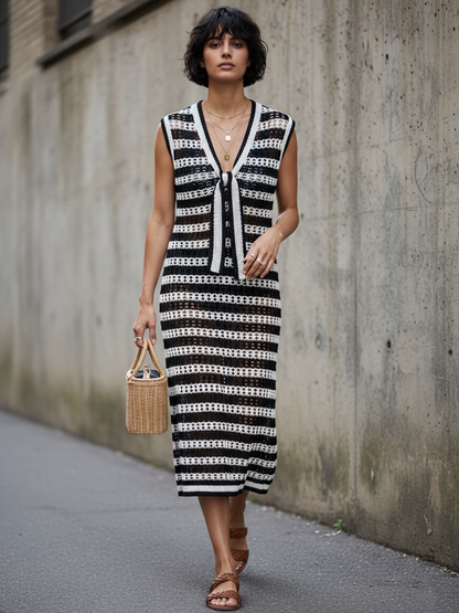 Women's Minimalist Tie-Strap V-Neck Sleeveless Striped Knit Midi Dress MDZ1611D1Y