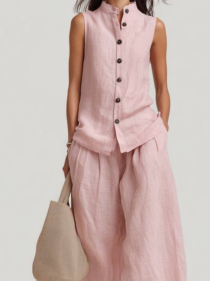 Women's Casual Light Pink Cotton-Linen Sleeveless Crew-Neck Top With Trousers MDZ1601D4LXY