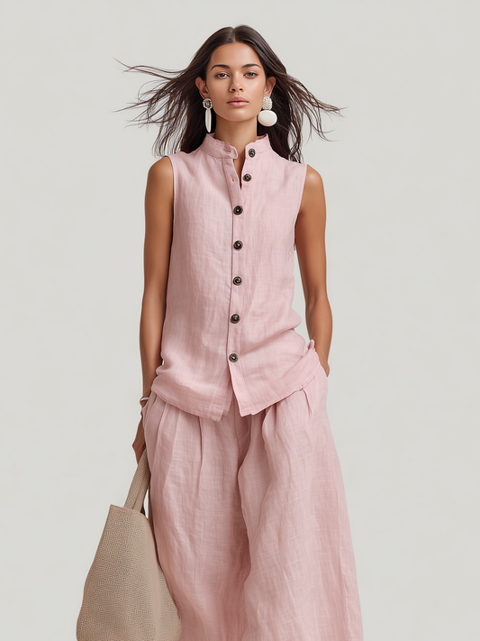Women's Casual Light Pink Cotton-Linen Sleeveless Crew-Neck Top With Trousers MDZ1601D4LXY