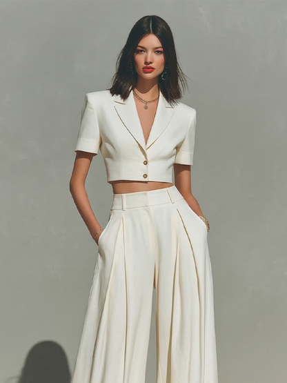 Women's Ivory Linen-Blend Two-Piece Set With Cropped Blazer & Pleated Wide-Leg Pants, Modern Power-Suit Style Outfit MDZ1500D5LYL