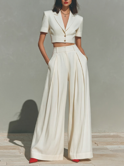 Women's Ivory Linen-Blend Two-Piece Set With Cropped Blazer & Pleated Wide-Leg Pants, Modern Power-Suit Style Outfit MDZ1500D5LYL